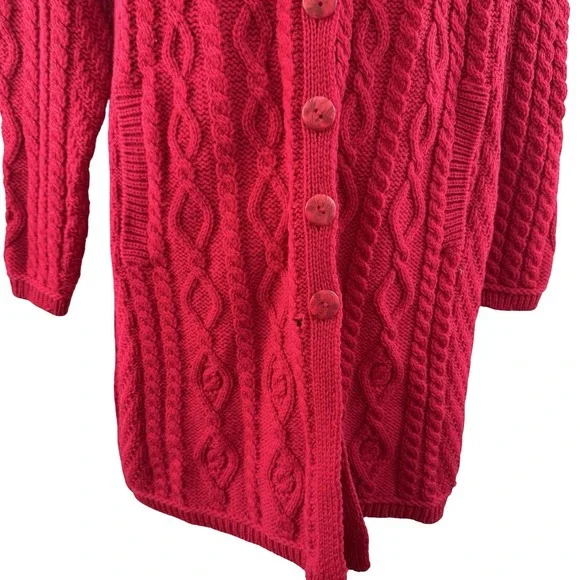 Aran Crafts Long Cardigan Sweater Womens L Red Wool Cable Knit Ireland Fisherman - Picture 14 of 16